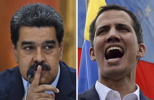 지난 2년간 '1국가 2대통령 사태'를 겪어온 베네수엘라의 니콜라스 마두로 대통령(좌)과 임시 대통령인 후안 과이도 국회의장. 미국 등 국제사회는 과이도를 합법적 대통령으로 인정해왔지만, 이번에 마두로가 야당 손에 있던 국회까지 장악하면서 과이도는 실각 위기에 놓였다.  <저작권자 ⓒ 1980-2021 ㈜연합뉴스. 무단 전재 재배포 금지.>