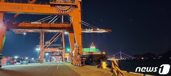 광양항 최초로 24시간 운영이 본격화됐다. 사진은 6일 밤 야간작업을 실시하고 있는 광양항 컨테이너부두 3-1단계(GWCT)의 모습.(여수광양항만공사 제공)2021.1.7/© 뉴스1