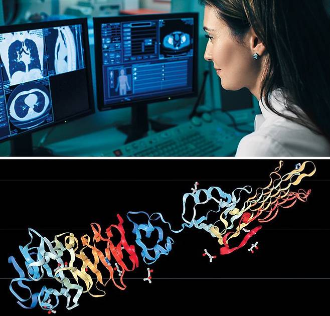 (위) 의사가 AI로 암 환자의 영상을 판독하고 있다. 아래는 딥마인드 알파폴드가 분석한 단백질 구조. /애피디아·딥마인드