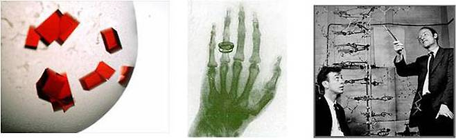 왼쪽부터 단백질 결정 사진, 뢴트겐이 촬영한 최초의 엑스레이 사진, DNA 이중나선 구조를 발견한 왓슨과 크릭의 모습. 동아사이언스DB