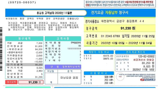 전기요금 샘플. 한국전력 제공