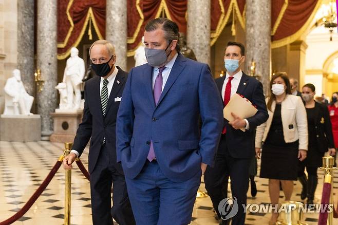 의사당에서 걸어 나오는 테드 크루즈(맨앞) 상원의원과 조시 홀리(오른쪽) 상원의원 [AP=연합뉴스]