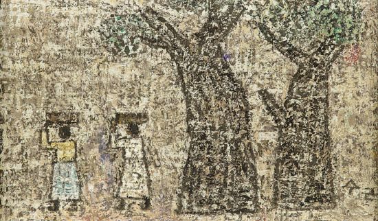 박수근 '두 나무와 두 여인', 1964, 메소나이트에 유채, 13×22.5㎝  [사진= 케이옥션 제공]