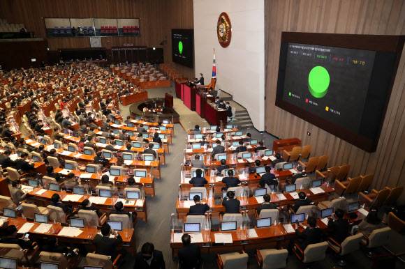 ‘정인이법’ 국회 통과 - 8일 오후 서울 여의도 국회에서 열린 본회의에서 일명 ‘정인이법’으로 불리는 아동학대범죄의 처벌 등에 관한 특례법 일부개정법률안(대안)이 가결되고 있다. 2021.1.8 연합뉴스