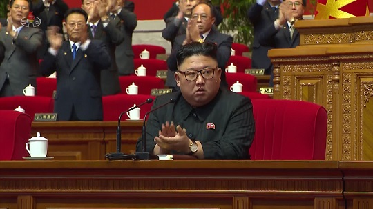 북한 조선중앙TV는 지난 7일 평양에서 김정은 국무위원장이 참석한 가운데 노동당 제8차 대회 3일차 회의가 열렸다고 8일 보도하고 있다. 사진=뉴시스