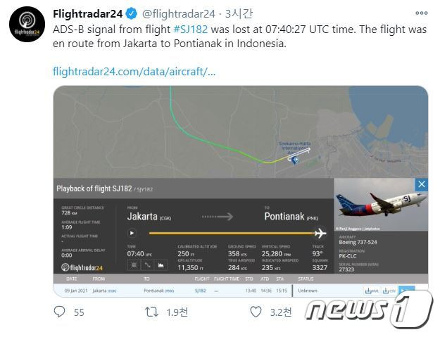인도네시아 보잉 737-524 비행경로(플라이트레이더24 트위터 갈무리). © 뉴스1© 뉴스1