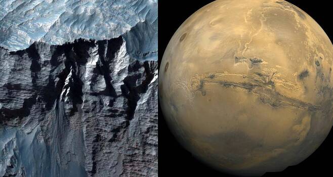 이번에 NASA가 공개한 마리너 협곡(왼쪽)과 화성의 모습