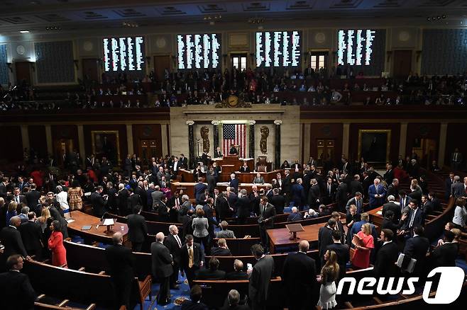 2019년 12월 18일 (현지시간) 워싱턴 의사당에서 하원의원들이 도널드 트럼프 대통령의 탄핵안 표결을 하고 있다. 하원은 이날 트럼프 대통령을 권력 남용과 의회 방해 등 두 가지 혐의로 탄핵소추안을 가결시켰다. © AFP=뉴스1 © News1 우동명 기자