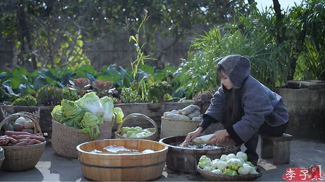 배추와 무를 손질하고 있는 리즈치/유튜브 캡처
