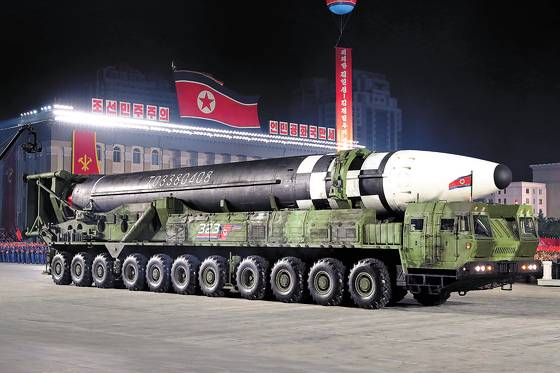 A new form of an intercontinental ballistic missile shown off on an 11-axle launcher by North Korea during a military parade in October. Kim mentioned the missile among several other new weapons as examples of some of the newest additions to the regime's arsenal aimed at deterring foreign aggression. [NEWS1]