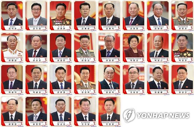북한 당중앙위원회 정치국 상무위원회 위원 등 발표 (평양 조선중앙통신=연합뉴스) 북한 노동당중앙위원회 정치국 상무위원회 위원, 당중앙위원회 정치국 위원, 당중앙위원회 정치국 후보위원들이 발표됐다고 조선중앙통신이 11일 보도했다.      (첫째 줄 왼쪽부터) 김덕훈 내각총리, 김두일 당중앙위원회 비서 겸 경제부장, 김정관 국방상, 김재룡 당중앙위원회 조직지도부장, 김형식 당중앙위원회 법무부장, 김영철 당중앙위원회 통일전선부장, 김영환 평양시당 책임비서, 권영진 인민군총정치국장, (두 번째 줄 왼쪽부터) 리병철 당중앙위원회 비서, 리선권 외무상, 리철만 당중앙위원회 농업부장, 리영길 사회안전상, 리일환 당중앙위원회 비서 겸 근로단체부장, 박명순 당중앙위원회 경공업부장, 박정근 국가계획위원회 부위원장, 박정천 인민군총참모장, (세 번째 줄 왼쪽부터) 박태덕 당중앙위원회 규률조사부장, 박태성 당중앙위원회 비서 겸 선전선동부장, 전현철 당중앙위원회 경제정책실장, 정경택 국가보위상, 정상학 당중앙위원회 비서, 조용원 당중앙위원회 비서, 최룡해 최고인민회의 상임위원회 위원장, 최상건 당중앙위원회 비서 겸 과학교육부장, (네 번째 줄 왼쪽부터) 태형철 최고인민회의 상임위원회 부위원장, 허철만 당중앙위원회 간부부장, 양승호 내각부총리, 오수용 제2경제위원장, 오일정 당중앙위원회 군정지도부장. 2021.1.11      [국내에서만 사용 가능. 재배포 금지. For Use Only in the Republic of Korea. No Redistribution] photo@yna.co.kr
