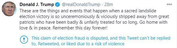 "신성한 압도적 승리가 사악하게 강탈당했을 때 일어난 일"이라며 의사당 난입 시위대들에게 "오늘을 영원히 잊지 말자"는 트럼프의 트윗