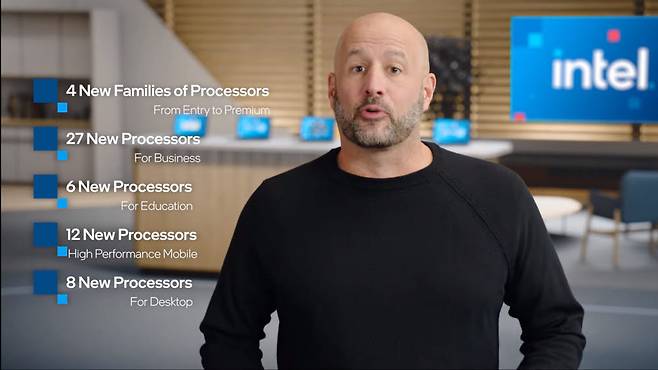 그레고리 브라이언트 인텔 총괄 수석 부사장이 CES2021 기조연설에서 새로운 제품군을 소개하고 있다. <사진=인텔>