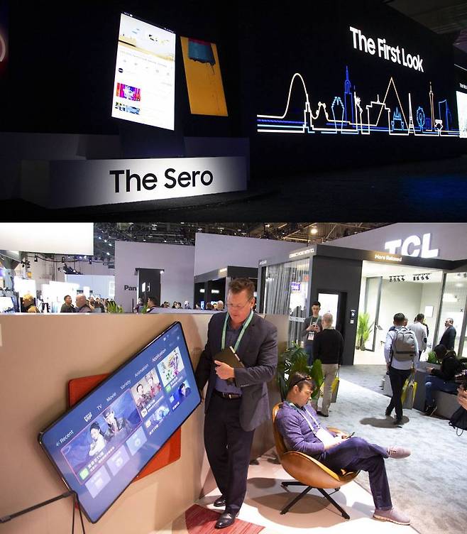 CES2020 당시 TCL 부스, 피벗 기능이 삼성 더 세로의 전유물은 아니지만 아이디어 제품이 나온 해에 맞춰 제품을 내놓은 점에서 표절에 가깝다. 출처=IT동아