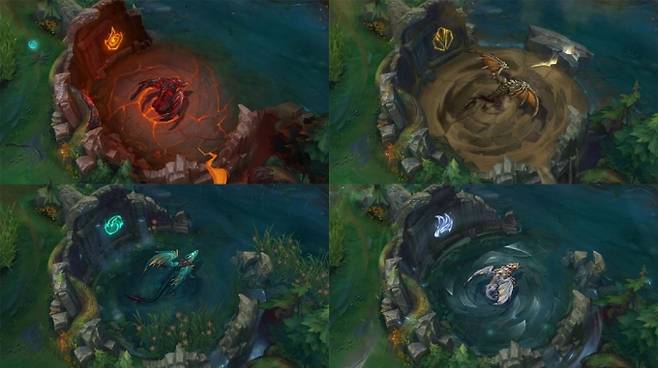 시계 방향으로 화염 드래곤, 대지 드래곤, 바람 드래곤, 바다 드래곤. 라이엇 게임즈