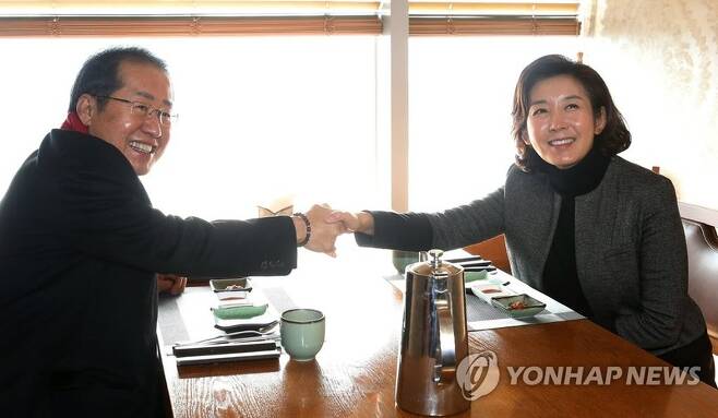 나경원 전 의원(오른쪽)과 무소속 홍준표 의원이 12일 서울 마포구 한 식당에서 만나 악수하고 있다. / 사진=국회사진기자단