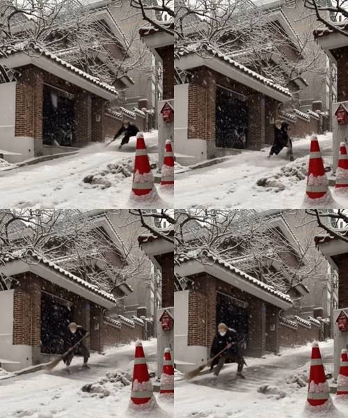 배우 송진우가 폭설에 싸리빗자루를 들었다. 사진=송진우 인스타그램