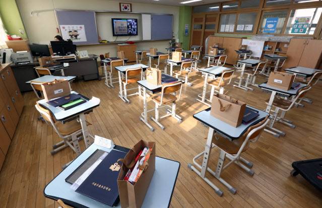 13일 신종 코로나바이러스 감염증(코로나19)으로 인해 화상 방식으로 졸업식이 진행된 서울 서초구 서울우솔초등학교의 한 교실 책상마다 졸업장이 놓여있다. (사진=연합뉴스)