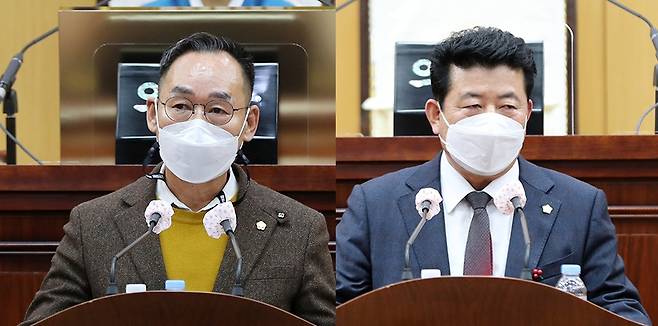 5분 발언하는 이수의(왼쪽)·장갑순 의원 [서산시의회 제공. 재판매 및 DB 금지]