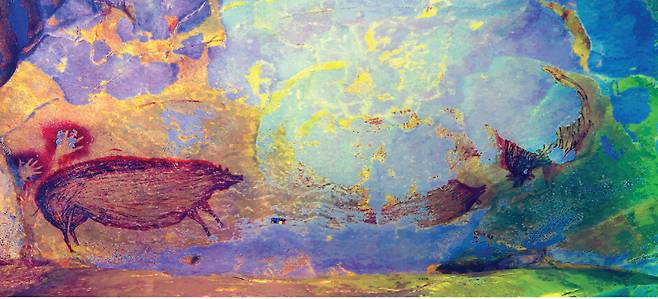 인도네시아 술라웨시섬 리앙 테동게 동굴에서 발견된 돼지 벽화 전경. ’사이언스 어드밴시스’ 제공