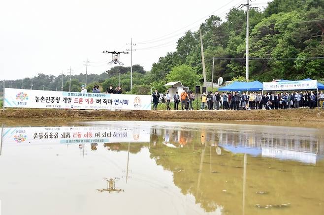▲ 공주시 농업 새기술보급사업 시범 드론활용 직파 연시회 모습.