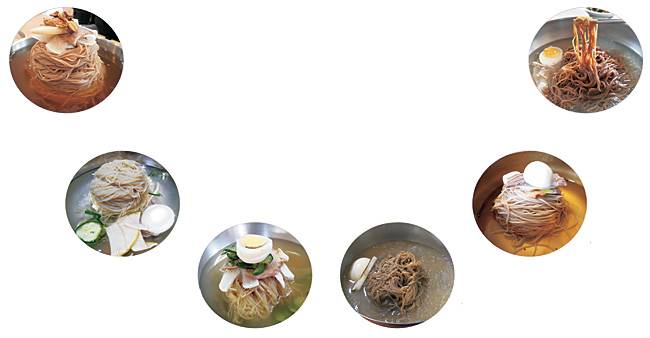 왼쪽부터 서울 마포의 무삼면옥, 서울 강남의 진미평양냉면, 서울 남대문의 부원면옥, 인천 백령도의 사곶냉면, 서울 마포의 동무밥상, 강원 태백의 태백평양냉면의 냉면. 다 같은 평양냉면이지만 위에 올리는 꾸미는 물론이고, 육수와 면의 색깔도 다르다.
