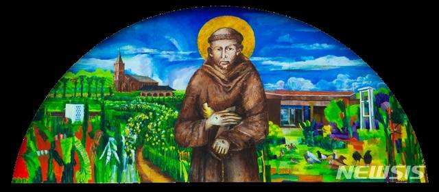 [서울=뉴시스]유근영, 성 프란치스코와 목동성당 역사, 5200×2360㎝, Oil on canvas, 2020(사진=한국천주교주교회의 제공)2020.01.14 photo@newsis.com