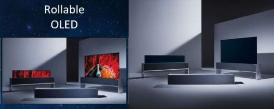 중국 스카이워스가 공개한 자사 롤러블 OLED TV 모습(왼쪽)과 LG전자가 작년 10월 공개한 롤러블 올레드 TV 모습(오른쪽). 사진출처 = 스카이워스·LG전자