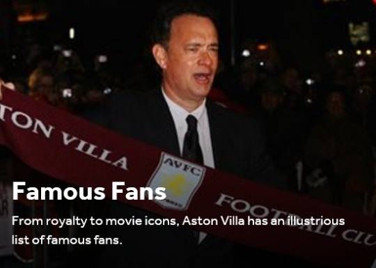 아스톤 빌라 열렬팬인 미국 영화배우 톰 행크스. [아스톤 빌라 홈페이지 캡처]