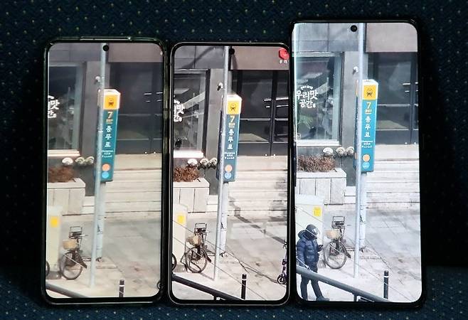 서울 중구 필동 매일경제신문 사옥에서 대각선으로 100여미터 가량 떨어진 건너편을 10배 줌으로 당겨 찍은 모습. AI기능과 렌즈 차이로 선명함의 정도가 다르다. (왼쪽부터) 갤럭시 S20, 갤럭시 S21, 갤럭시 S21 울트라. <김호영 기자>