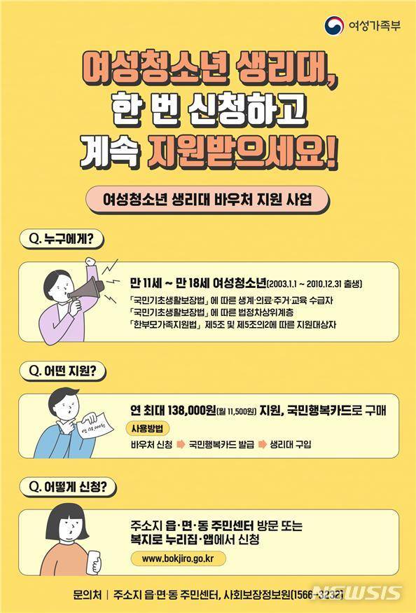 [서울=뉴시스]여성가족부는 저소득층 여성 청소년을 위한 생리대 구매권(바우처) 지원사업 신청을 올해 1월부터 12월15일까지 진행한다고 17일 밝혔다. (자료=여성가족부 제공). 2021.01.17.photo@newsis.com
