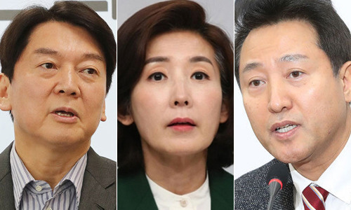 왼쪽부터 국민의당 안철수 대표, 나경원 전 의원, 오세훈 전 서울시장. 연합뉴스