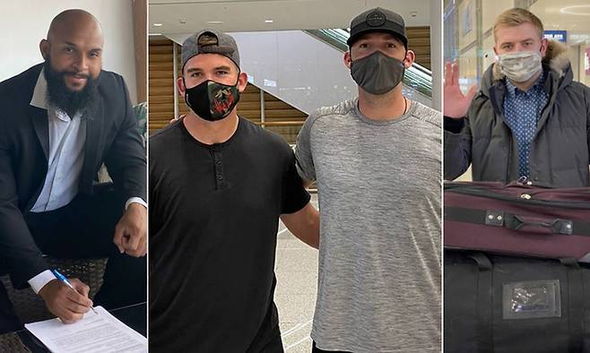 2021 프로야구에 새로운 외국인 선수들이 대거 합류한다. 계약서에 사인하고 있는 KT 타자 조일로 알몬테(왼쪽부터), 지난 16일 입국한 한화 내야수 라이온 힐리와 투수 라이언 카펜터, SK 투수 아트 르위키가 17일 인천공항으로 입국하는 모습. KT 위즈·한화 이글스·SK 와이번스 제공