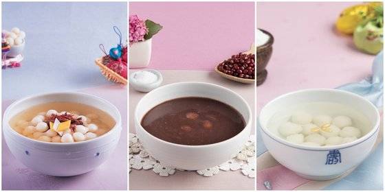 (왼쪽부터) 조랭이 떡국, 새알심 팥죽, 떡수단. [떡 박물관 제공]
