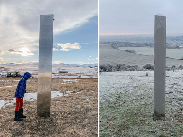 새해 들어 영국 윌트셔(오른쪽)와 캐나다 캘거리(왼쪽)에서 잇따라 발견된 금속기둥.