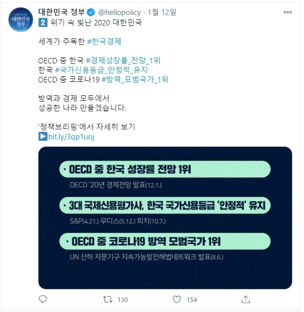 'OECD 2020년 한국 성장률 전망 1위' [출처: 정부 트위터 게시물]