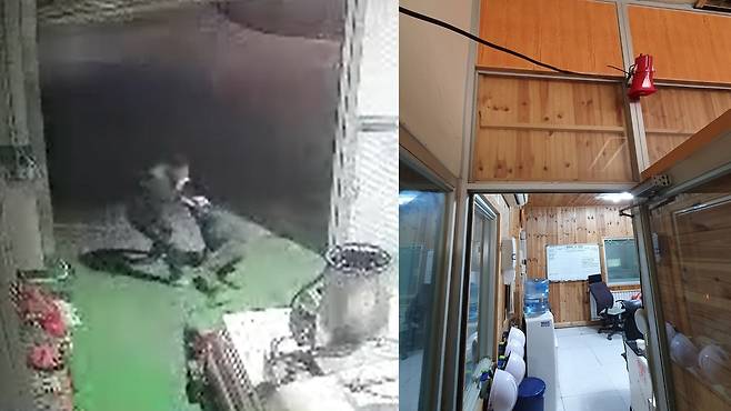 7년간 이어진 직장 내 괴롭힘 A씨에게 폭행당하는 이씨의 모습이 담긴 CCTV 화면(왼쪽)·새벽 근무 시간대 10분마다 울리도록 설정된 사이렌(오른쪽) [전국민주연합노동조합 제공. 재판매 및 DB 금지]