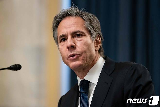 토니 블링컨 미국 국무장관 지명자가 19일(현지시간) 워싱턴 상원 외교위원회에서 열린 인준청문회에 참석해 발언을 하고 있다. © AFP=뉴스1 © News1 우동명 기자