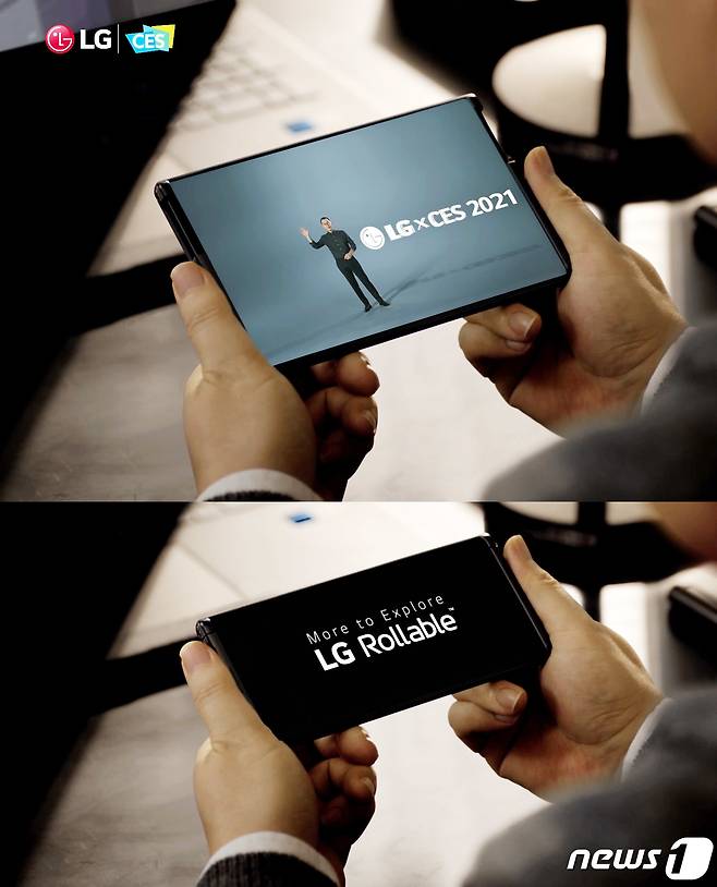 LG전자는 차세대 전략 스마트폰 LG 롤러블(LG Rollable)이 13일(현지시간) CES 공식 어워드 파트너인 엔가젯이 시상하는 'CES 2021 최고상'에서 최고 모바일 기기로 선정됐다고 전했다. 사진은 CES 2021 개막 첫 날 진행된 LG전자 프레스 콘퍼런스에서 공개된 LG 롤러블의 모습. (LG전자 제공) 2021.1.14/뉴스1