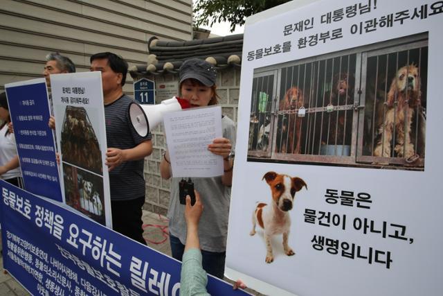 전국동물보호 활동가들이 '개 식용 금지'를 촉구하는 피켓 시위를 하고 있다. 연합뉴스