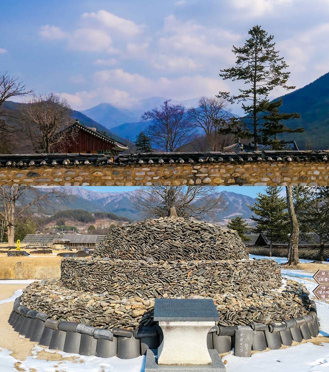 실상사 강당 선재집에서 바라본 지리산 능선. 구름에 싸인 봉우리가 천왕봉이다(위 사진). 신라, 고려 때 실상사에서 쓴 기와로 쌓은 탑.