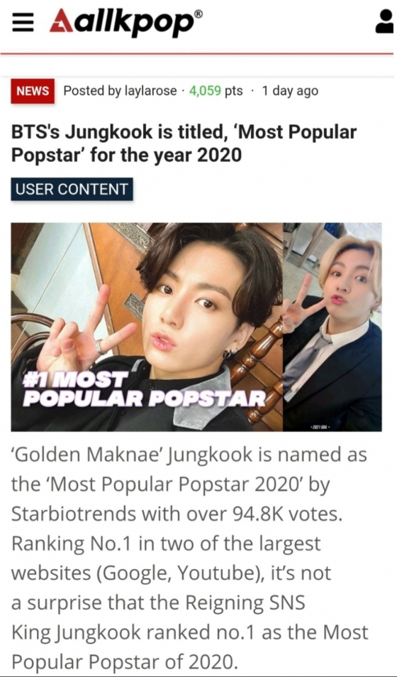 방탄소년단 정국, '2020년 가장 인기 있는 팝스타' 1위..글로벌 특급 톱스타 행보ing