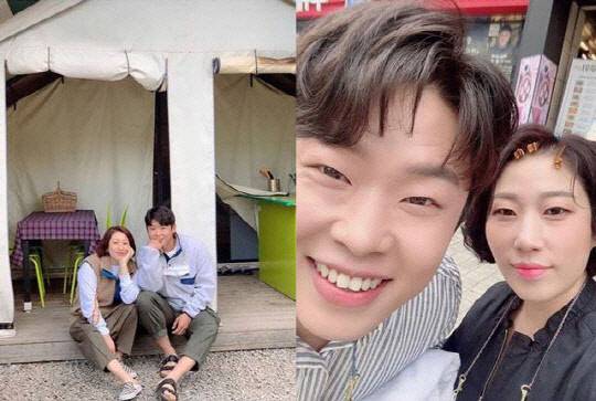 코미디언 김영희가 결혼 발표 후 예비 신랑 윤승열과 함께한 다정한 모습을 공개했다. 김영희 SNS