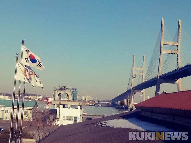 서해대교 아래 당진항 매립지 전경.