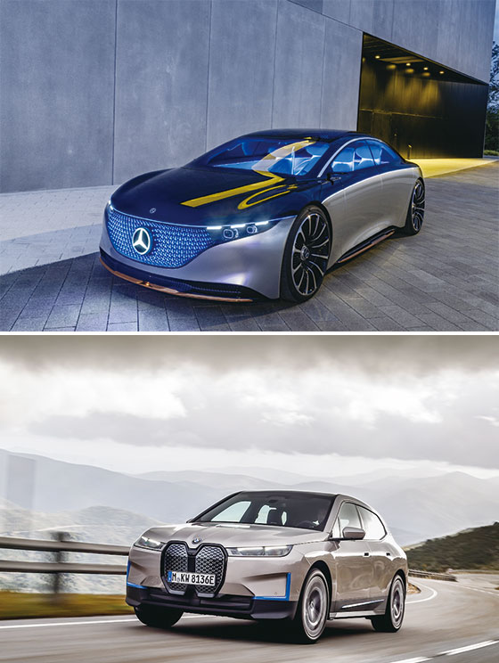 메르세데스-벤츠의 EQS 콘셉트(위)와 BMW iX(아래). <각 사 제공>