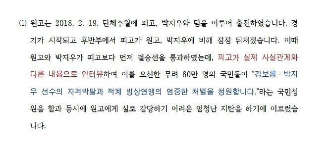 김보름 측이 법원에 제출한 소장 중 일부. 원고는 김보름, 피고는 노선영.