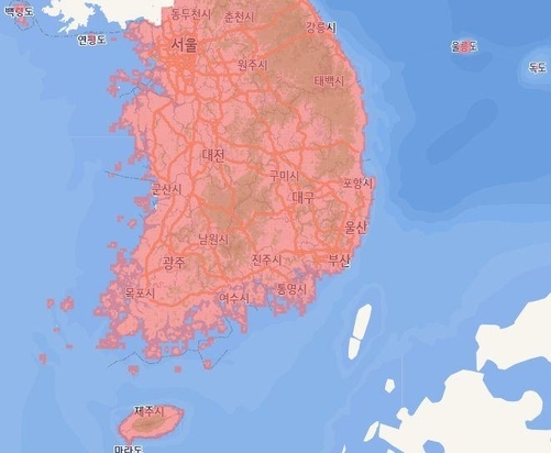 붉은색 영역은 국내 3G망 커버리지 영역. 전국 모든 지역에서 3G망 접속이 가능하다. /KT