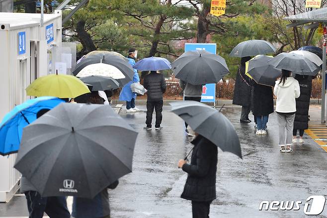 24일 경북 포항시 북구보건소에서 시민들이 신종코로나바이러스 감염증(코로나19)검사를 받기 위해 줄을 서서 기다리고 있다. 최근 포항에서는 남,북구 지역 목욕탕과 관련된 확진자가 24명으로 늘어났다. 2021.1.24/뉴스1 © News1 최창호 기자