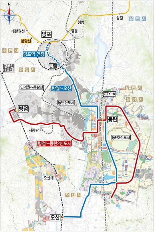 경기도는 동탄2신도시 광역교통개선대책의 하나로 추진 중인 ‘동탄 도시철도 기본계획(안)을 확정하고 지난 22일 국토교통부 대도시광역교통위원회에 승인을 신청했다. 동탐 트램 노선도. 경기도 제공
