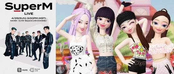 네이버와 SM엔터테인먼트가 지난해 처음 선보인 세계 최초 온라인 유료 콘서트 '비욘드 라이브'(왼쪽)와 YG엔터테인먼트의 아이돌 그룹 블랙핑크가 네이버 '제페토'에서 3D 아바타 캐릭터로 구현된 모습. [각 사]